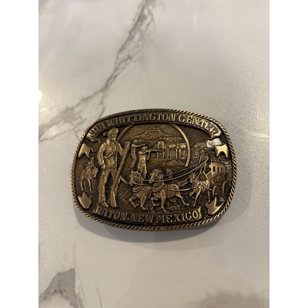 Vintage NRA Whittington Center Brass Belt Buckle 1985 Norman Co Raton New Mexico